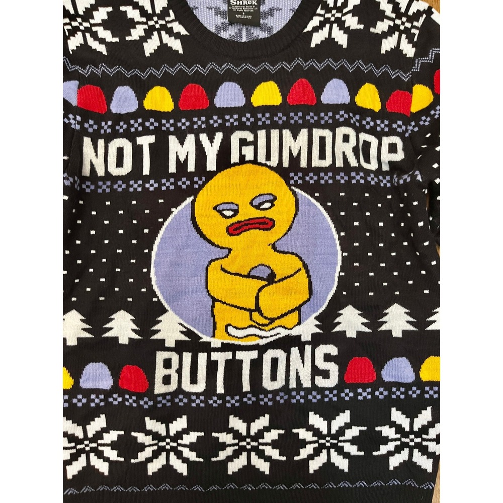 Shrek Sweater Mens Small Black Gingy Gumdrop Buttons Ugly Christmas Holiday